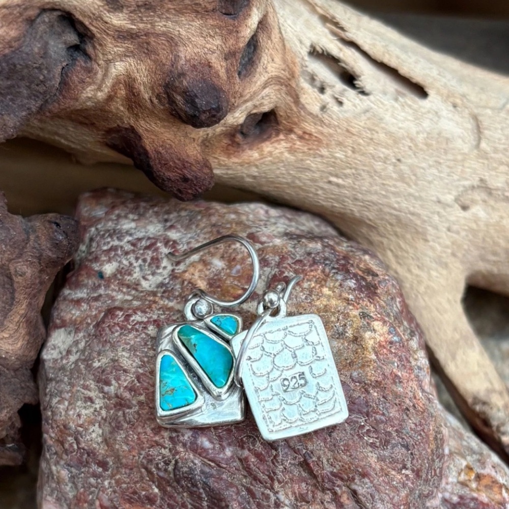 VTG 925 Sterling Silver Turquoise Cabochon Bezel Rectangle Dangle Earrings NEW! - Picture 3 of 4